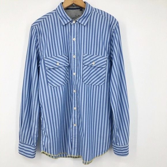 Arnold Zimberg Hollywood Men's Button Up Shirt Blue Striped Size M Flip Cuff - Picture 3 of 12